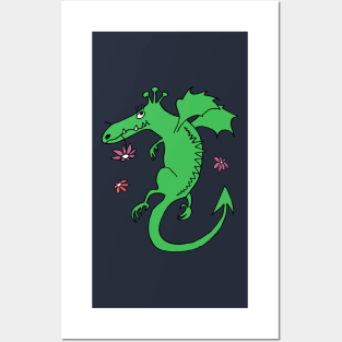 cute happy dragon - green with flowers Posters and Art